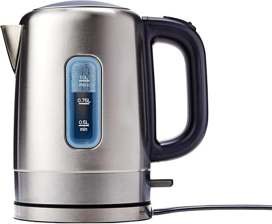Amazon Basics Electric Stainless Steel Kettle for Tea and Coffee, BPA-Free, Fast Boiling, Auto Shut-Off, 1 Liter, 1500W, Black and Silver