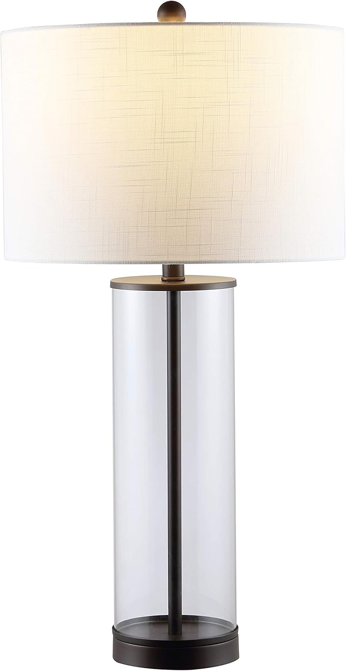 JONATHAN Y 29" Oil Rubbed Bronze/Clear Modern Glass Table Lamp for Living Room Bedroom, Minimalist Nightstand Bedside Lamp, White Linen Drum Shade, LED Bulb Included (JYL2005B)