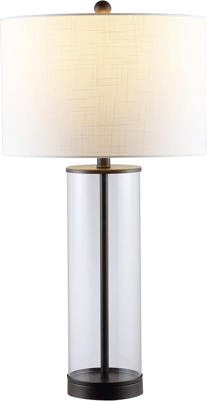 JONATHAN Y 29" Oil Rubbed Bronze/Clear Modern Glass Table Lamp for Living Room Bedroom, Minimalist Nightstand Bedside Lamp, White Linen Drum Shade, LED Bulb Included (JYL2005B)