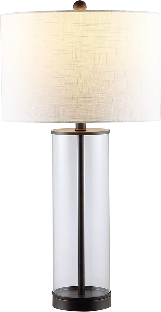 JONATHAN Y 29" Oil Rubbed Bronze/Clear Modern Glass Table Lamp for Living Room Bedroom, Minimalist Nightstand Bedside Lamp, White Linen Drum Shade, LED Bulb Included (JYL2005B)