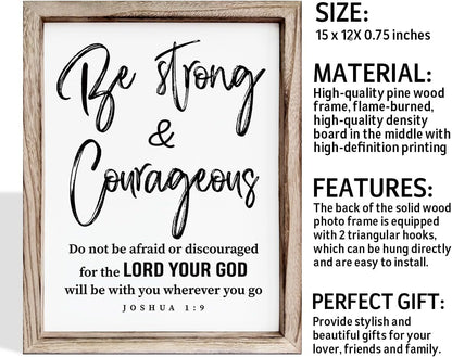 Inspirational Wood Signs, Christian Wooden Wall Plaque, Religious Home Decor, Bible Verse Decor Art, Framed Wall Plaque Sign 15 * 11.5 inches, Be Strong and Courageous Sign