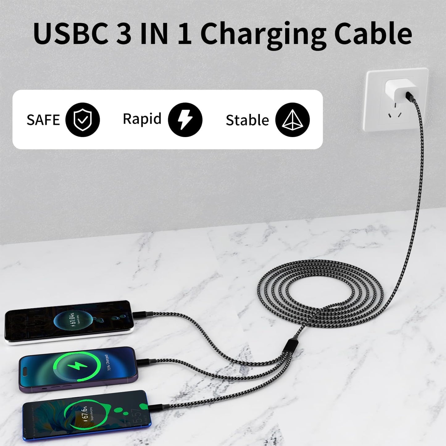 USB C Multi Charging Cable [2Pack 4FT], 3 in 1 Charging Cable Nylon Braided USB-C Multiple Charger Cord with Type-C, Micro USB and IP Port for iPhone 16/15 Series/Cell Phones and More