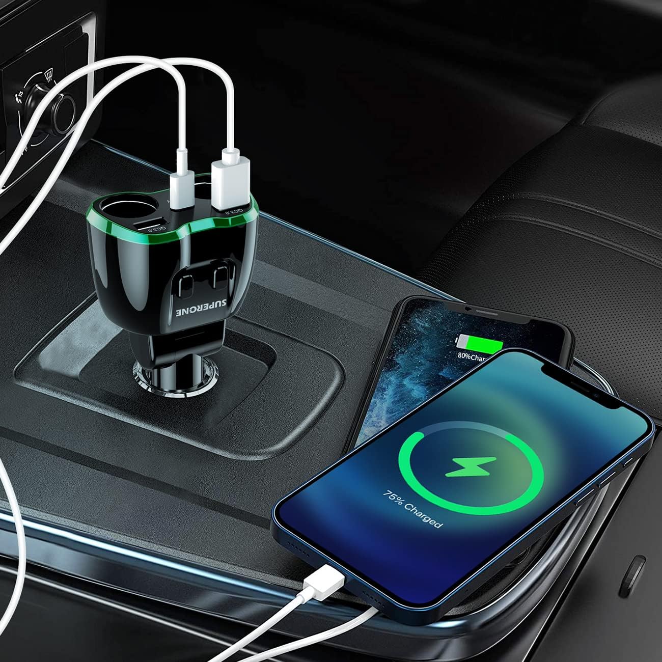 [2025 Upgraded] Cigarette Lighter Splitter, SUPERONE 180W 2-Socket Cigarette Lighter Adapter with Dual QC3.0 and 20W PD USB C Car Charger Splitter for GPS/Dash Cam/Laptop/iPad/iPhone 16/15/14/13/12/11