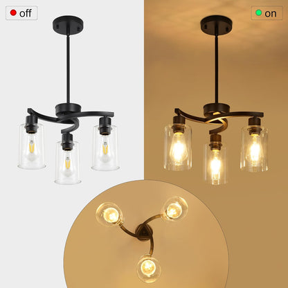 3 Light Modern Dining Chandeliers Over Table，Black Light Fixture for Dining Room，Farmhouse Chandelier with Glass Shade，Industrial Pendant Lighting for Kitchen Island，Foyer,Hallway, Bedroom