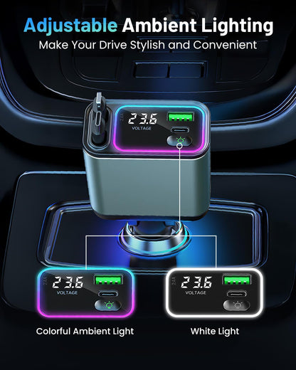 4 in 1 Retractable Car Charger with RGB Light, 92W Fast Charging USB C Car Adapter, Compact Car Phone Charger for iPhone/Galaxy/Pixel, Car Accessories for Women Men (Lightning + Type C Cable)