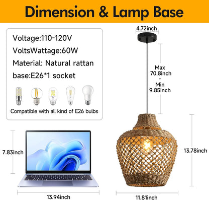 2-Pack Rattan Pendant Light,Bohemian 11.81” Wicker Chandelier,Handwoven Hanging Seagrass Chandeliers Fixture, for Farmhouse Kitchen Island Boho Dining Living