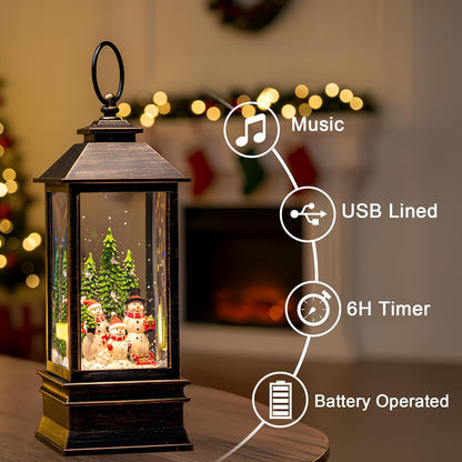 10'' Musical Snow Globe Lantern Lighted Snowman Family Water Lantern Swirling Glittering Home Decoration and Gift, Battery Operated or USB Powered