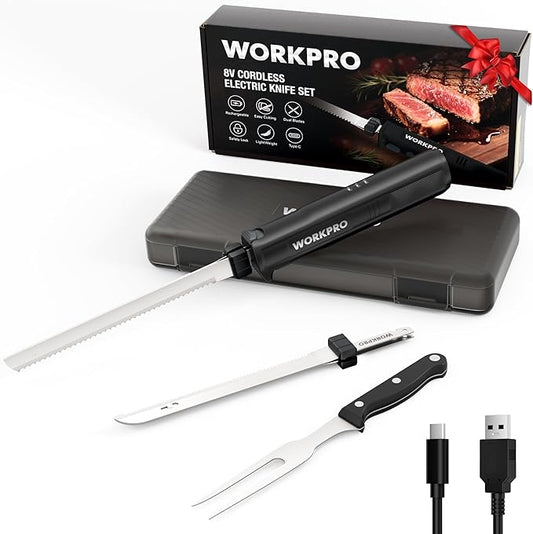 WORKPRO Electric Knife for Meat Slicing, Cordless Electric Carving Knife for Turkey, Fish & Bread, Two Stainless Steel Blades, Ergonomic Handle, Storage Case & Serving Fork Included, Black