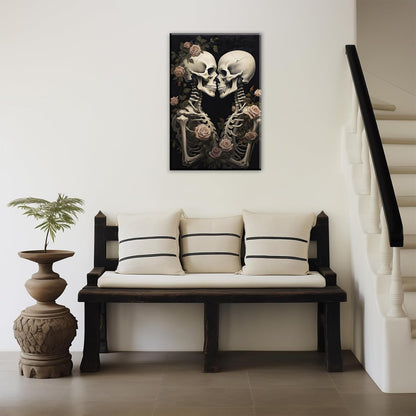 OAAPITI Vintage Skeleton Canvas Wall Art Gothic Painting Artwork Retro Rose Skull Art Poster Abstract Romantic Theme Picture Halloween Living Room Decor(Artwork-4,20"x30")