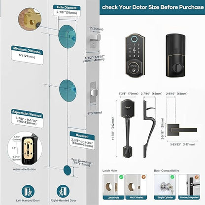 Smart Door Lock with Handle Set: SMONET Front Door Lock Set Keyless Entry, Fingerprint Keypad Bluetooth Alexa Deadbolt Lockset Suitables for Rental Management and Smart Home Residents