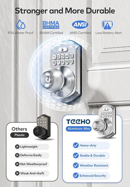 TEEHO TE003 Keyless Entry Keypad Door Lock with Handle, Electronic Digital Smart Deadbolt Locks with 2 Backup Keys, Door Knob with Code for Front Door Bedroom, Auto Lock, Easy to Install, Satin Nickel