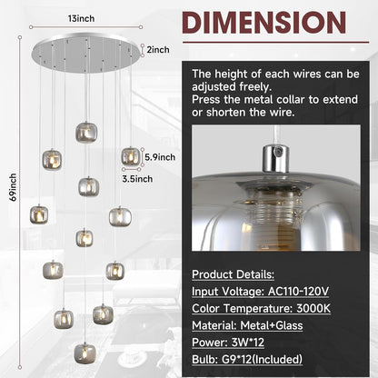 Flush Mount Chandelier,Crystal Pendant Light with 12 G9 LED Bulbs,Chandelier Hanging Flush Mount Lighting Fixtures for Spiral Staircase,Foyer,Entryway,Living Room(12 Lights,3000K)