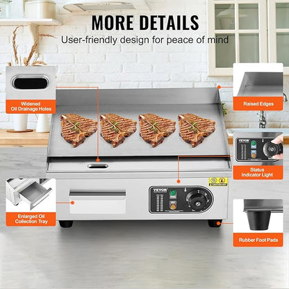 VEVOR Commercial Electric Griddle, 1700W Countertop Flat Top Grill, 18in Stainless Steel Griddle Grill with 2 Shovels and 2 Brushes for Home or Restaurant, 122℉-572 ℉ Adjustable Temp