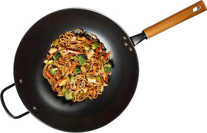 Oster Dunwood 3 Piece Carbon Steel Wok, 13.8” PFAS-Free Stir Fry Pan with Wooden Spatulas, High Heat, Oven & Stovetop Safe