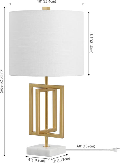 JONATHAN Y 20.25" Gold Contemporary Glam Metal and Marble Table Lamp, Modern Geometric Iron Desk Lamp for Bedroom Living Room, White Linen Shade, LED Bulb Included JYL1039A