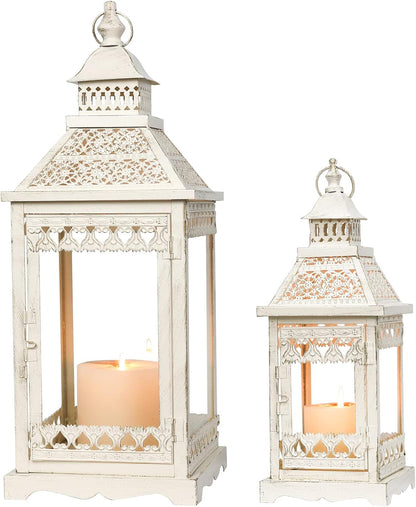 NEEDOMO Lanterns Decorative Outdoor & Indoor, Set of 2 Outdoor Lanterns for Porch,Large Square Candle Lantern, Beige Metal Frame with Glass for Fall, Christmas