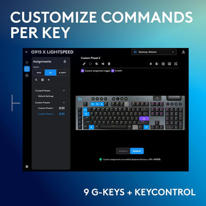 Logitech G915 X Lightspeed Wireless Mechanical Gaming Keyboard, Double-Shot PBT Keycaps, Fully Programmable Keys, RGB Backlit Mac/PC Gaming Keyboards, Aluminum Finish, GL Clicky Switches, Black