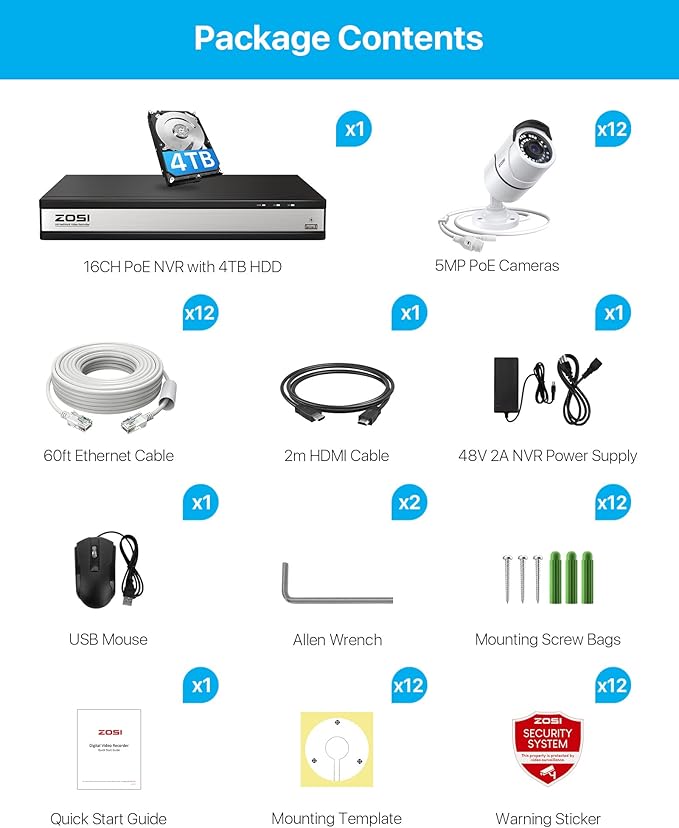 ZOSI 4K 16CH PoE Home Security Cameras System with 4TB Hard Drive,8MP 16 Channel CCTV NVR,12pcs 5MP Outdoor PoE Cameras,120ft Night Vision,Person Vehicle Detection,Remote Access,for 24/7 Recording