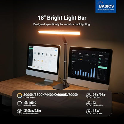 NEEWRE Basics 18" LED Video Light Bar with Base for Desk, 18W Bi Color Eye Friendly Dimmable Overhead Architect Lighting for Video Conference Zoom, 1340lux/0.5m, Touch Control/CRI95+, DL03