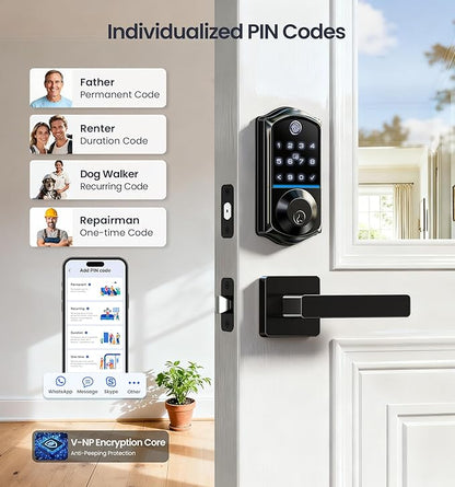 Veise VE017-B Fingerprint Smart Lock for Front Door, App Control, 8-in-1 Keyless Entry Deadbolt with 2 Zinc Alloy Lever Handles Set, Emergency Power Port, Auto Lock, Electronic Keypad, Black