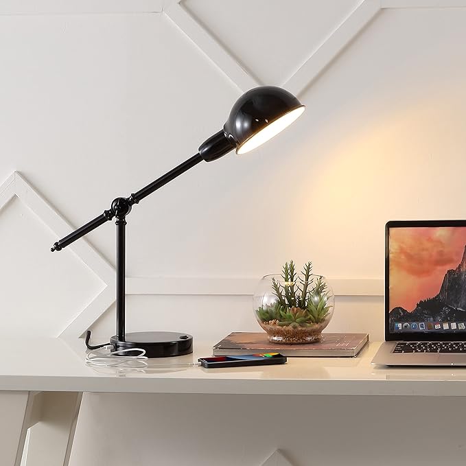 JONATHAN Y 20.25" Black Vintage Industrial Iron Adjustable Task Lamp with USB Charging Port for Office Desk, Metal Yellow Dome Shade, LED Bulb Included JYL7123A