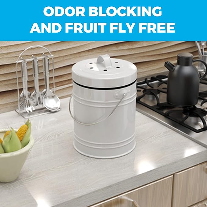 3 Liter Small Indoor Kitchen Compost Bin, Odorless Composting Bin with Carbon Filters, Countertop Compost Bucket with Lid, Metal Kitchen Composter with Plastic Bucket Liner for Food & Waste Recycling