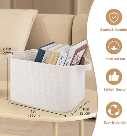Storage Basket for Organizing, Woven Baskets for Storage, Rectangle Decorative Baskets for Shleves, Closet, Toys, Books, Nursery Organizer Bins - Pack of 3 (White)