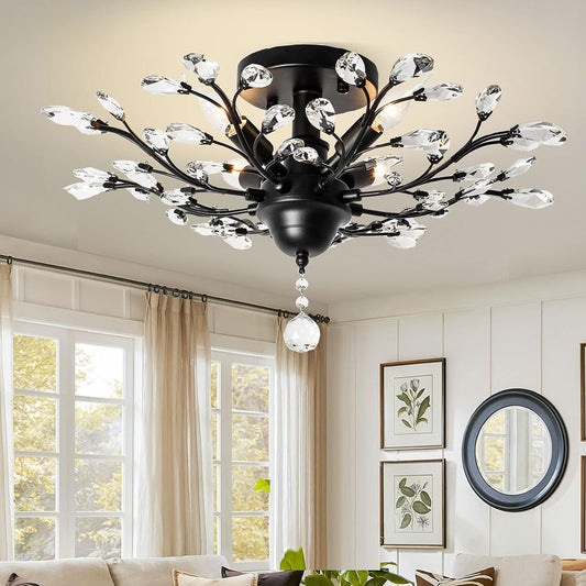 Ganeed Crystal Chandeliers,Vintage K9 Clear LED Ceiling Lighting,Edison Pendant Light Flush Mounted Fixture with 4 Light for Living Room Dinning Room Restaurant Porch Hallway (Black)