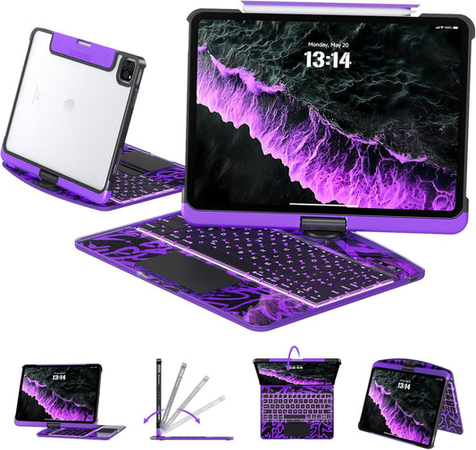 Transparent Case with Keyboard for iPad Air 13 Inch (M3/M2, 2025/2024), iPad Pro 12.9 Inch (6/5/4/3 Gen),7-Color Backlit,Magic wireless Keyboard, 360°Rotating,with trackpad,Pencil Holder,Purple
