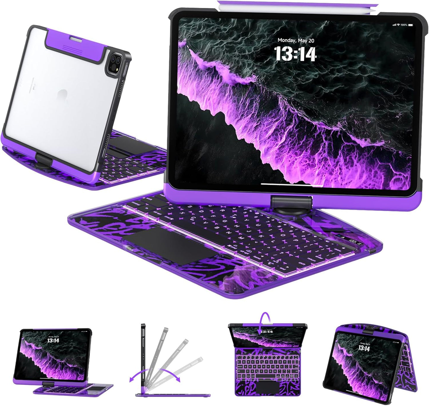 Transparent Case with Keyboard for 2024 iPad Pro 11-inch (M4),with 7-Color Backlit Wireless Keyboard, 360°Rotatable Protective Case Multi-Touch Trackpad,with Pencil Holder,with Shortcuts,Purple