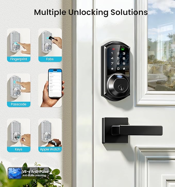 Veise VE07-L Fingerprint App Control Smart Locks with Heavy-Duty Zinc Alloy Handles, Keyless Entry for Front Door, Digital Electronic Touchscreen, Auto Lock, Waterproof, Easy Install, Matte Black