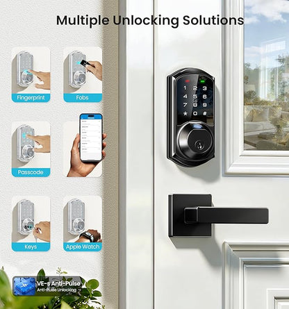Veise VE07-L Fingerprint App Control Smart Locks with Heavy-Duty Zinc Alloy Handles, Keyless Entry for Front Door, Digital Electronic Touchscreen, Auto Lock, Waterproof, Easy Install, Matte Black