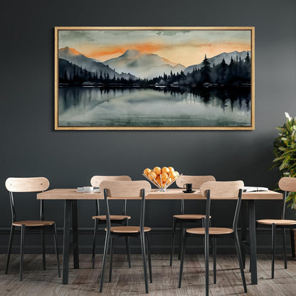 MUDECOR Extra Large Framed Canvas Print Wall Art Sunset Mountain Range and Lake Panoramic Antique Retro Fine Art Illustrations Decorative Colorful for Bedroom - 60"x30"
