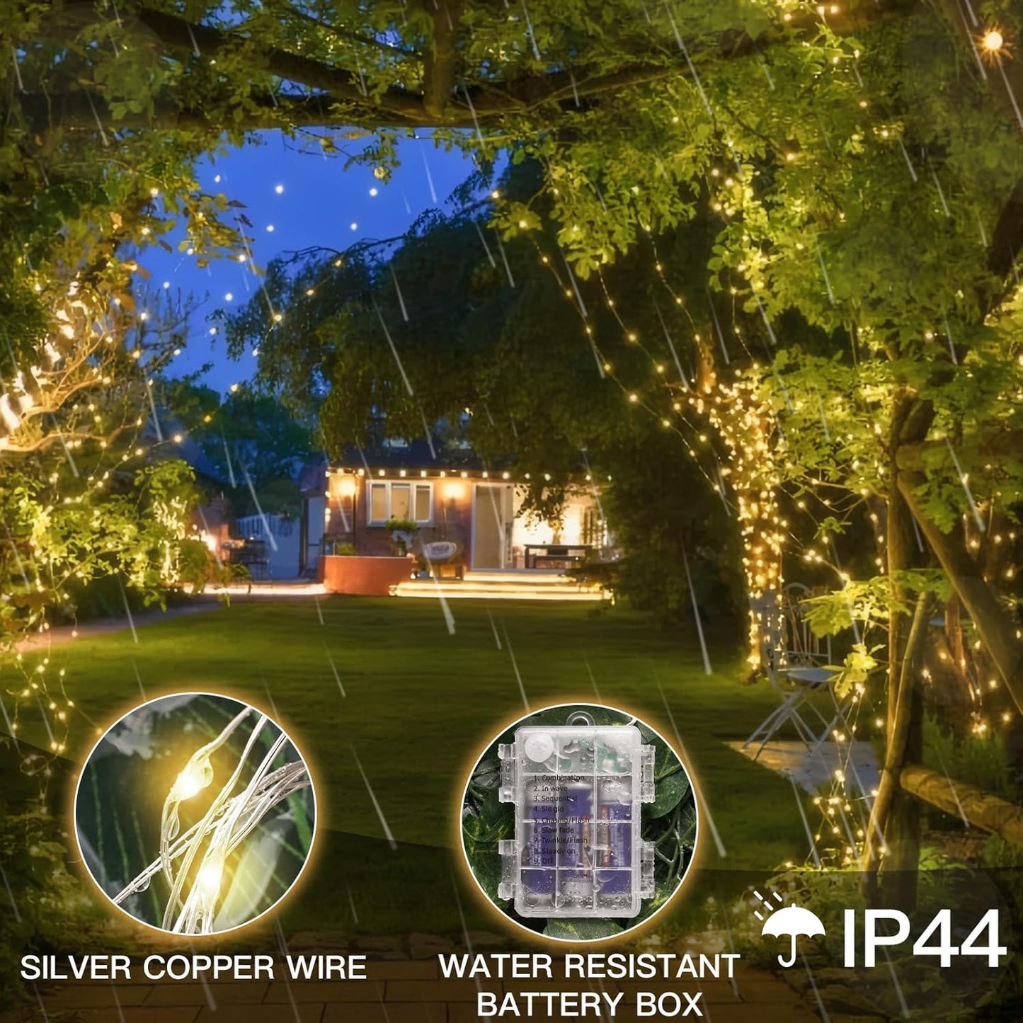 suddus 66ft 200 LED Outdoor String Lights, Warm White Christmas Fairy Light Battery Operated with Remote, Led Twinkle Lights for Bedroom, Dorm, Patio, Tapestry, Backyard, Garden, Xmas, Party, Indoor