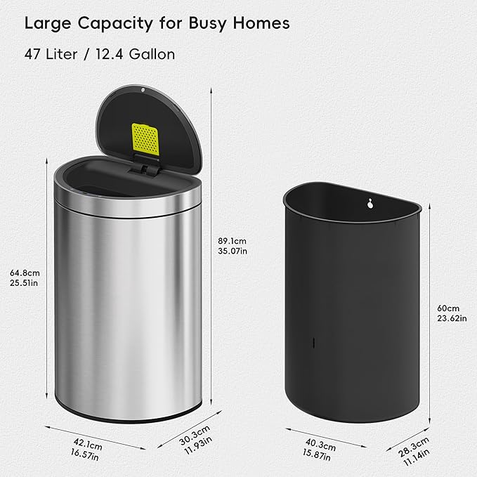 EKO Mirage Semi-Round Motion Sensor Trash Can, 47 Liter / 12.4 Gallon Automatic Large Kitchen Trash Can with Deodorizer Compartment, Removable Lid and Bucket, Matte Stainless Steel