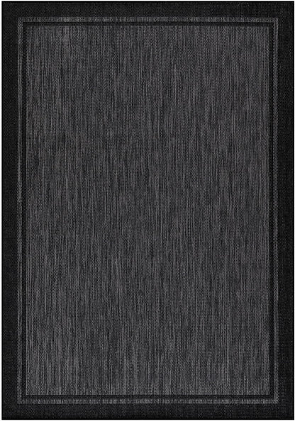 CAMILSON Indoor Outdoor Rug, 10x14 Bordered Dark Grey Black Modern Large Area Rugs for Indoor and Outdoor Patios, Kitchen and Hallway Mats, Washable Porch Deck Outside Carpet (Bordered Black, 10 x 14)