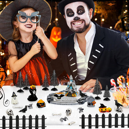 Hiawbon 30PCS Halloween Mini Village Set, Village Ornaments Miniature Decorations, Resin Miniature Spider Coffin Spiders Pine Trees Fence for Halloween Decor