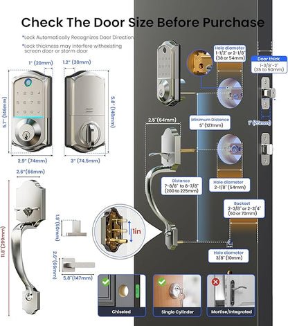 Veise VE017-H Fingerprint Smart Front Door Lock Set, App Control, 8-in-1 Keyless Entry Deadbolt with Zinc Alloy Handles, Emergency Power Port, Touchscreen Keypad, Auto Lock, Easy Install, Satin Nickel