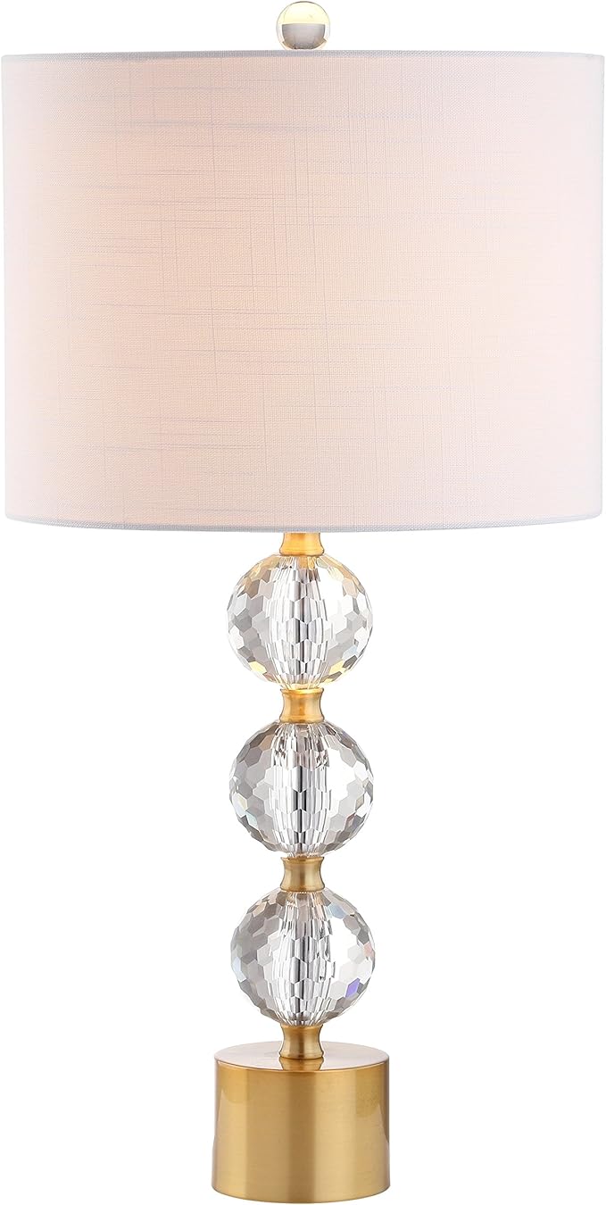 JONATHAN Y 25.25" Clear and Brass Gold Crystal Table Lamp, Modern Glam Faceted Orb Bedside Lamp with White Linen Drum Shade for Living Room Bedroom, LED Bulb Included JYL5017A