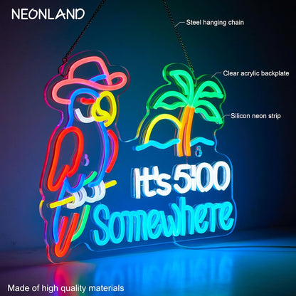 Parrot Its 5 00 O'clock Some Where Neon Sign for Wall Decor USB Powered Five Oclock Dimmable Bar Beer LED Light Man Cave