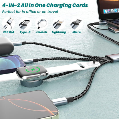 Travel Essentials 4 in 2 Multi Charging Cable for iWatch Charger(2Pack 5FT),USB A/USB C Multiple Charger Cable/Cord for All Devices Compatible for iWatch Ultra/SE/10-1,iPhone 16-11, Android,More