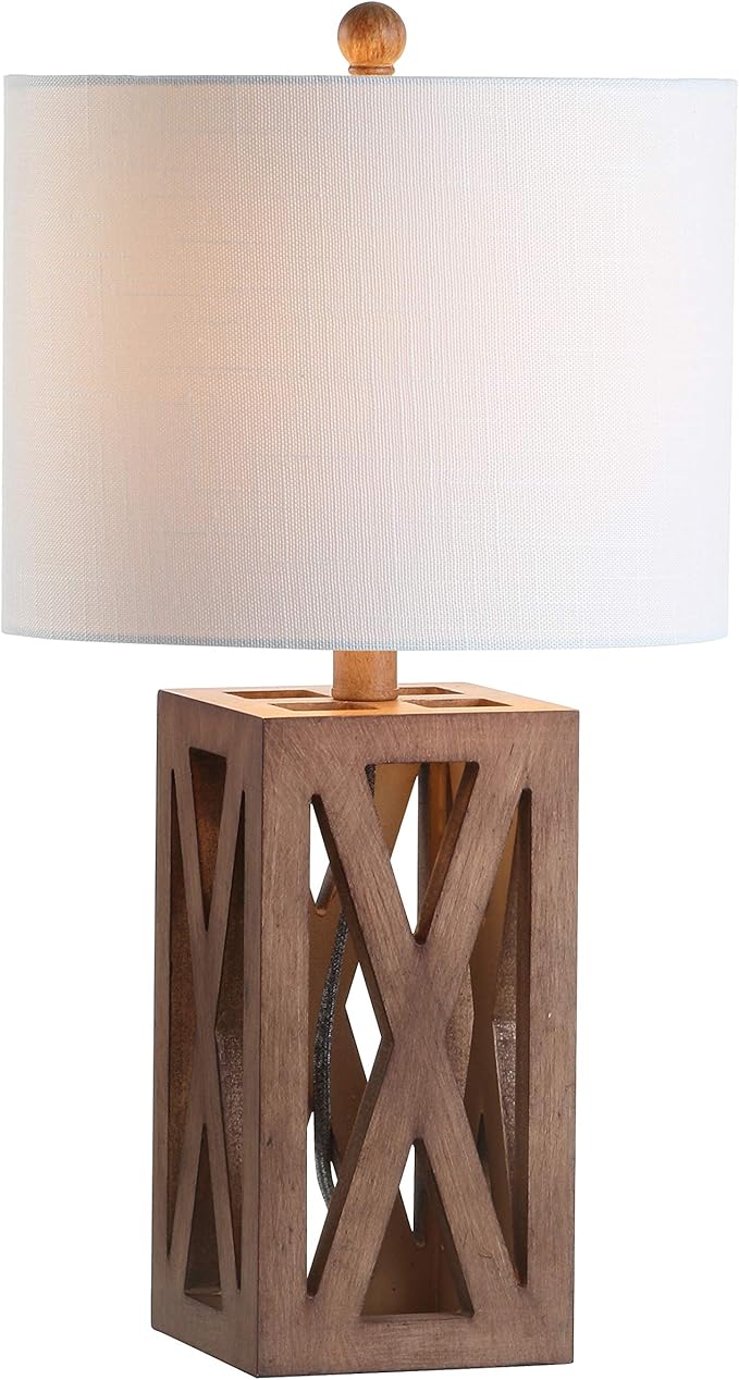 JONATHAN Y 21.5" Brown Farmhouse Wood Table Lamp for Bedside and Living Room, White Linen Drum Shade, Rustic Modern Desk Lamp for Bedroom, LED Bulb Included JYL1062A