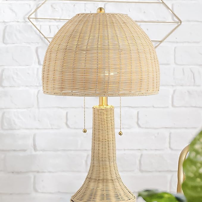 JONATHAN Y 22" Natural/Brass Gold Bohemian Rustic LED Table Lamp for Bedroom, Natural Rattan Shade, Farmhouse Coastal Nightstand Lamp for Living Room, LED Bulbs Included JYL4040A