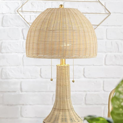 JONATHAN Y 22" Natural/Brass Gold Bohemian Rustic LED Table Lamp for Bedroom, Natural Rattan Shade, Farmhouse Coastal Nightstand Lamp for Living Room, LED Bulbs Included JYL4040A