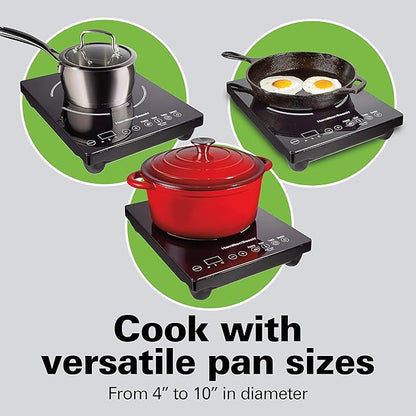 Hamilton Beach Portable Single Induction Cooktop Countertop Burner Hot Plate with Fast Heating Mode, 1800 Watts, 10 Temperature Settings up to 450F, Black (34104)