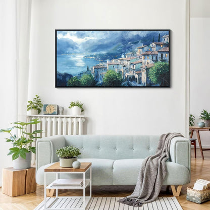 JEAWA Framed Canvas Wall Art - 20x40 IN Landscape Painting Decor Ready to Hang, Gray Blue Town Picture, Lights of Thousands homes Art Prints for Bedroom Bathroom Home Decoration