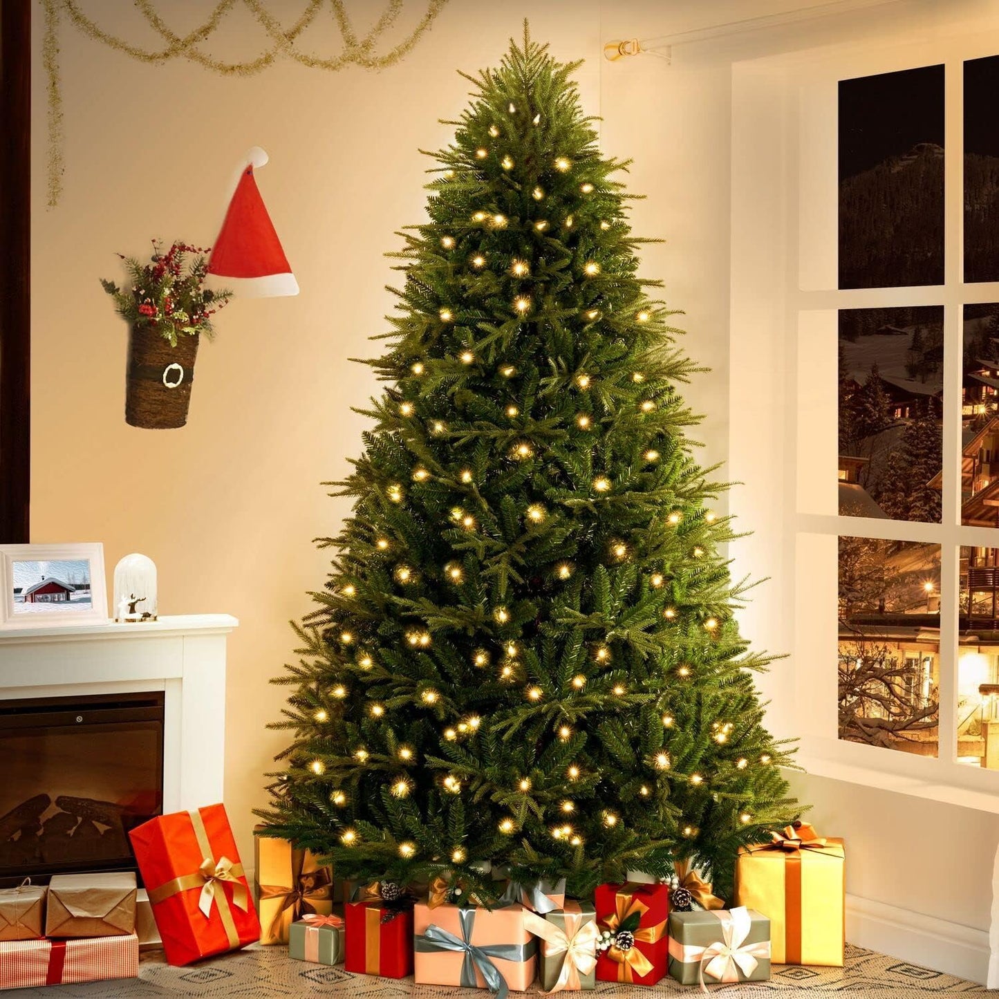 Camden 7.5ft Prelit Artificial Christmas Tree with Foot Pedal, 2755 Branch Tips, 600 Warm Lights and Metal Stand, 58" Wide Realistic Hinged Christmas Tree with Lights by Naomi Home
