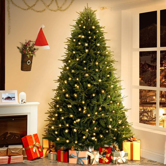 Camden 7.5ft Prelit Artificial Christmas Tree with Foot Pedal, 2755 Branch Tips, 600 Warm Lights and Metal Stand, 58" Wide Realistic Hinged Christmas Tree with Lights by Naomi Home