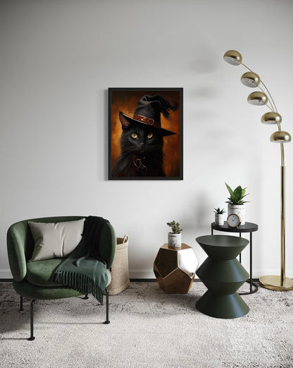 Witch Cat Poster Art Print, Halloween Scary Vintage Wall Art Academia Spooky Painting Decoration for Horror Prints, Gothic Posters Bedroom Decor 89 (Witch Cat, 16 x 20 inches, Black Frame)