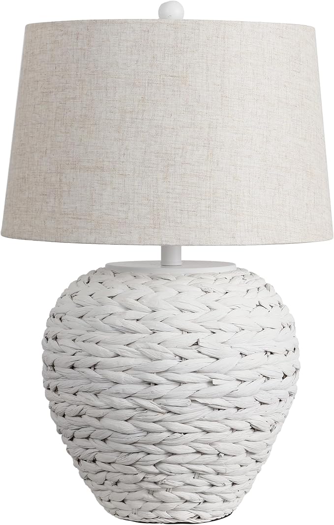 JONATHAN Y 24.5" White Water Hyacinth Farmhouse Basket Table Lamp, Coastal Decor for Living Room Bedroom Nightstand, Light Gray Linen Shade, LED Bulb Included (JYL6501C)